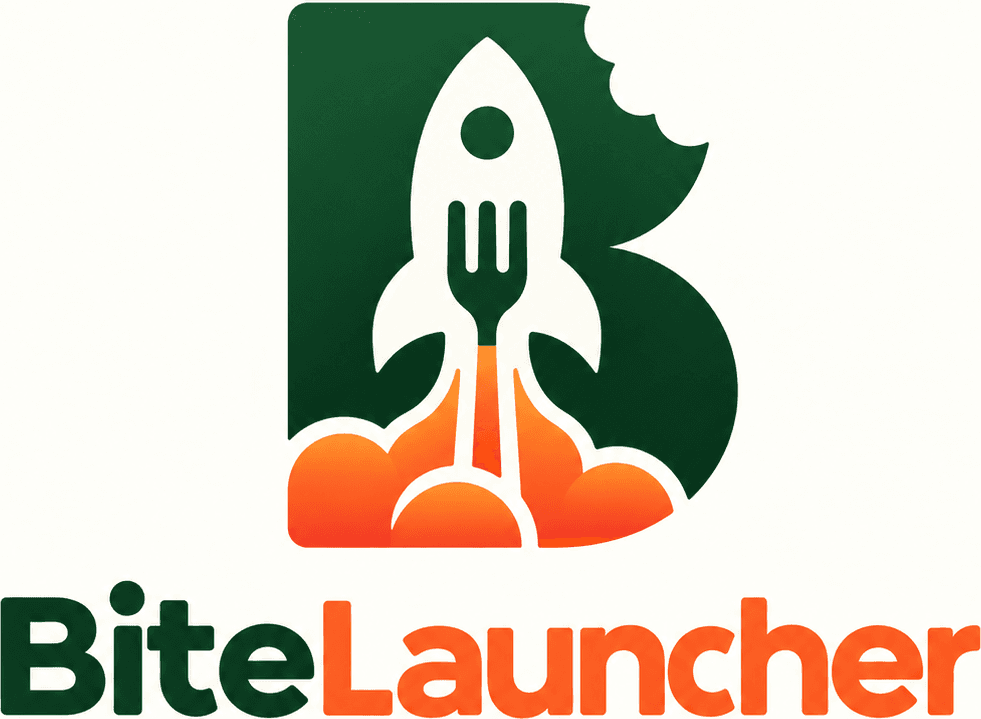 BiteLauncher logo: a rocket launching from a bite-shaped B